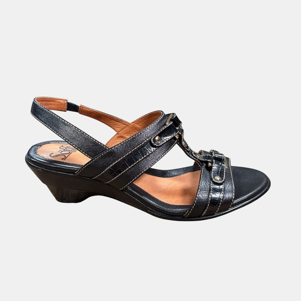 Söfft Black Leather Slingback Sandals Croc Embossed Comfort Heels 7.5M